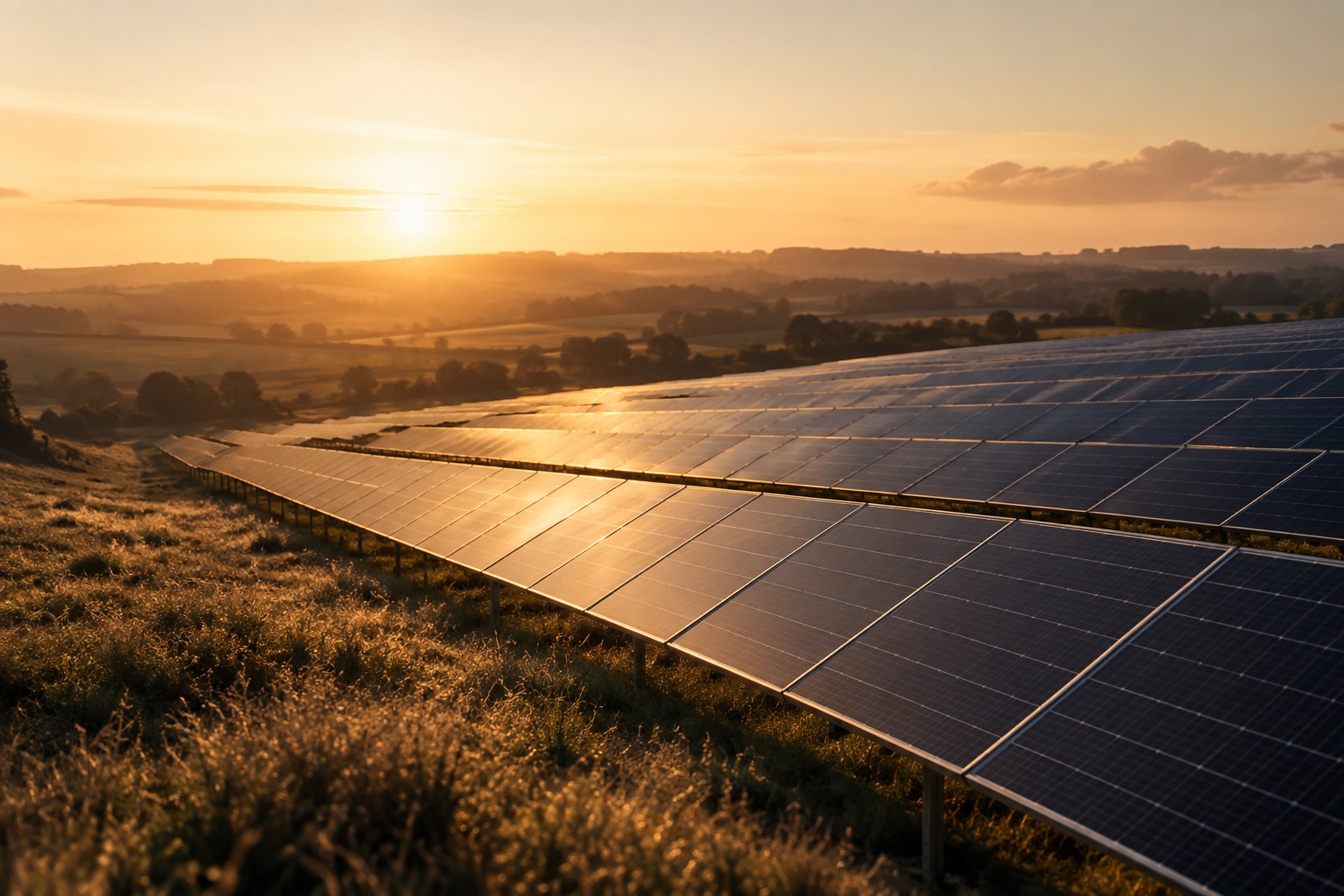 An illustrative image of a solar photovoltaic array at golden hour. It stands in for the sector and is not a photograph of MyPower's site.