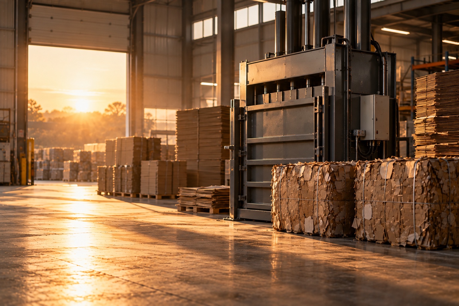 An illustrative image of a baling press and cardboard bales inside a recycling facility at sunset. It stands in for the sector and is not a photograph of QCR's site.